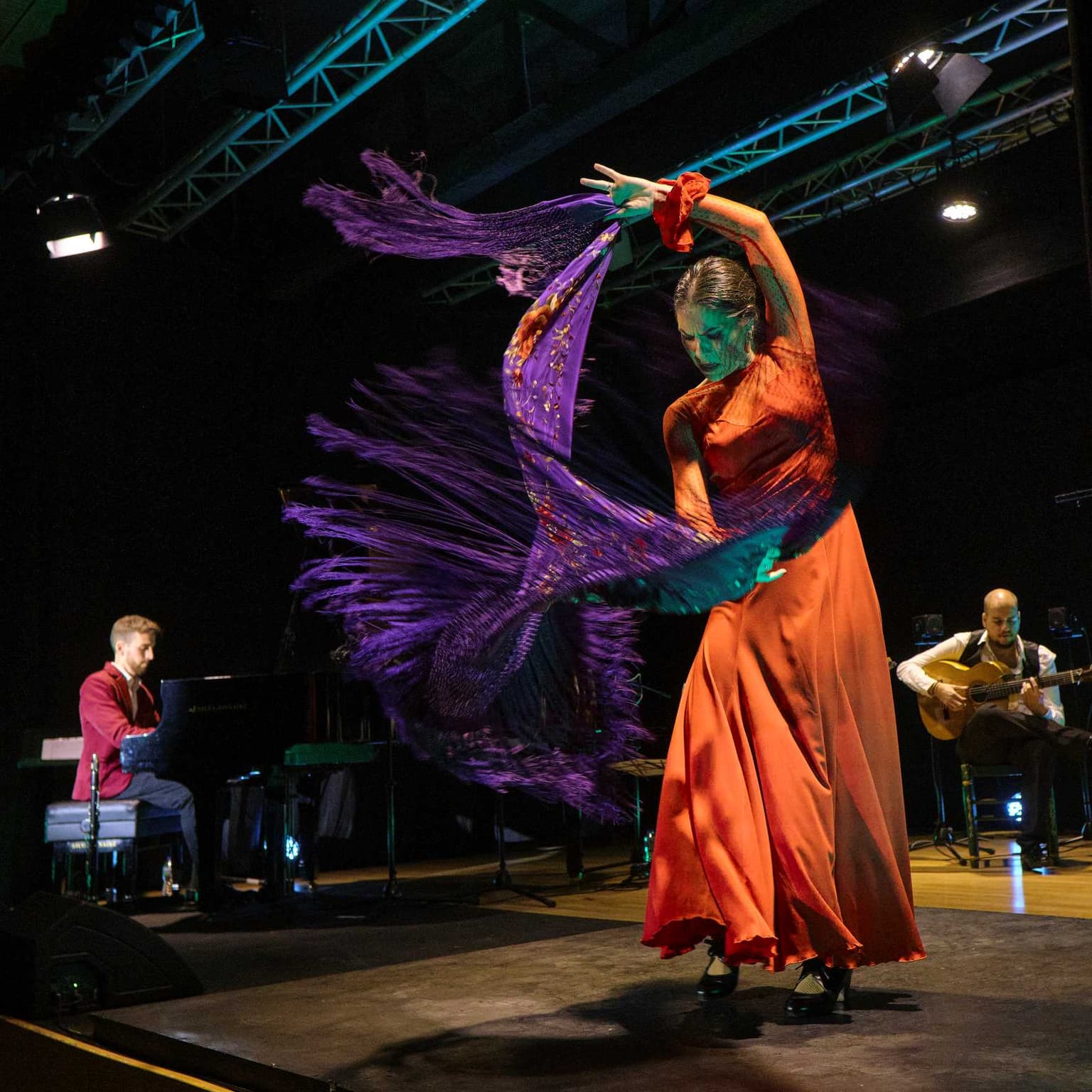 Bailaora con mantón púrpura en movimiento durante el espectáculo